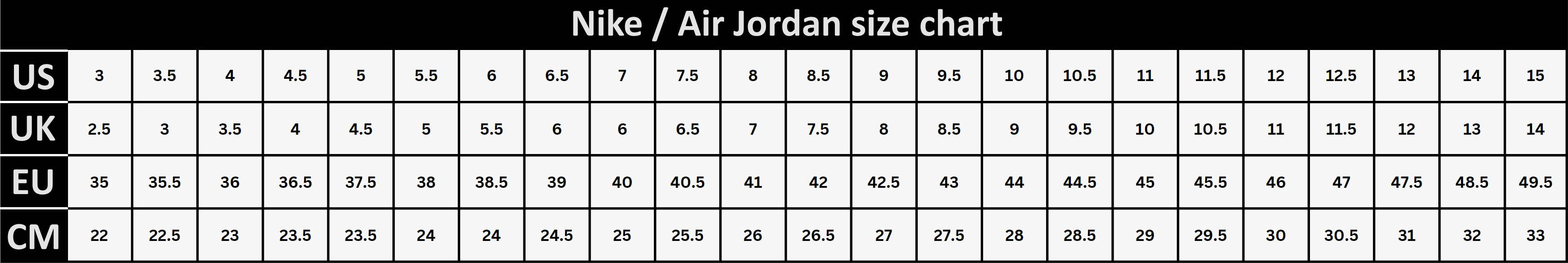 Air Jodan Nike - size chart